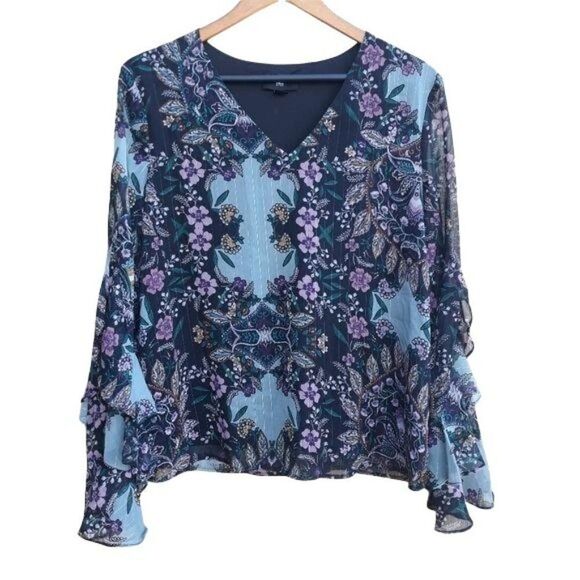 90's Iz Byer Boho Ruffled Bell Sleeve Metallic Threading FLoral Blouse Blue Sz L - Picture 6 of 12